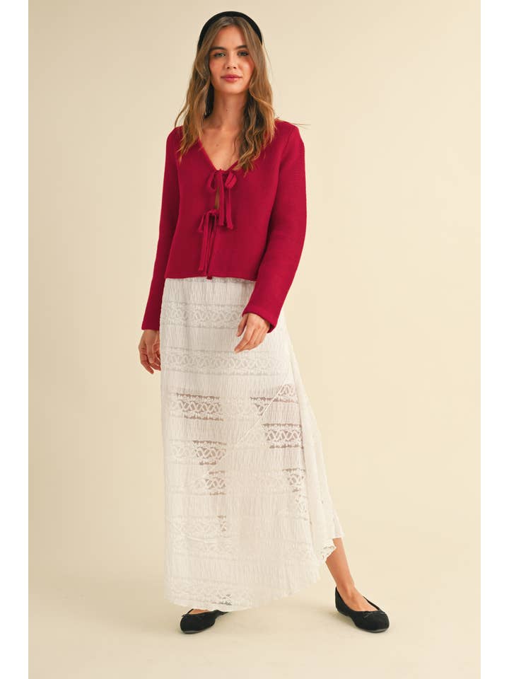 Red J4721 LONG SLEEVE KNITTED TIE FRONT CARDIGAN for wholesale on Faire