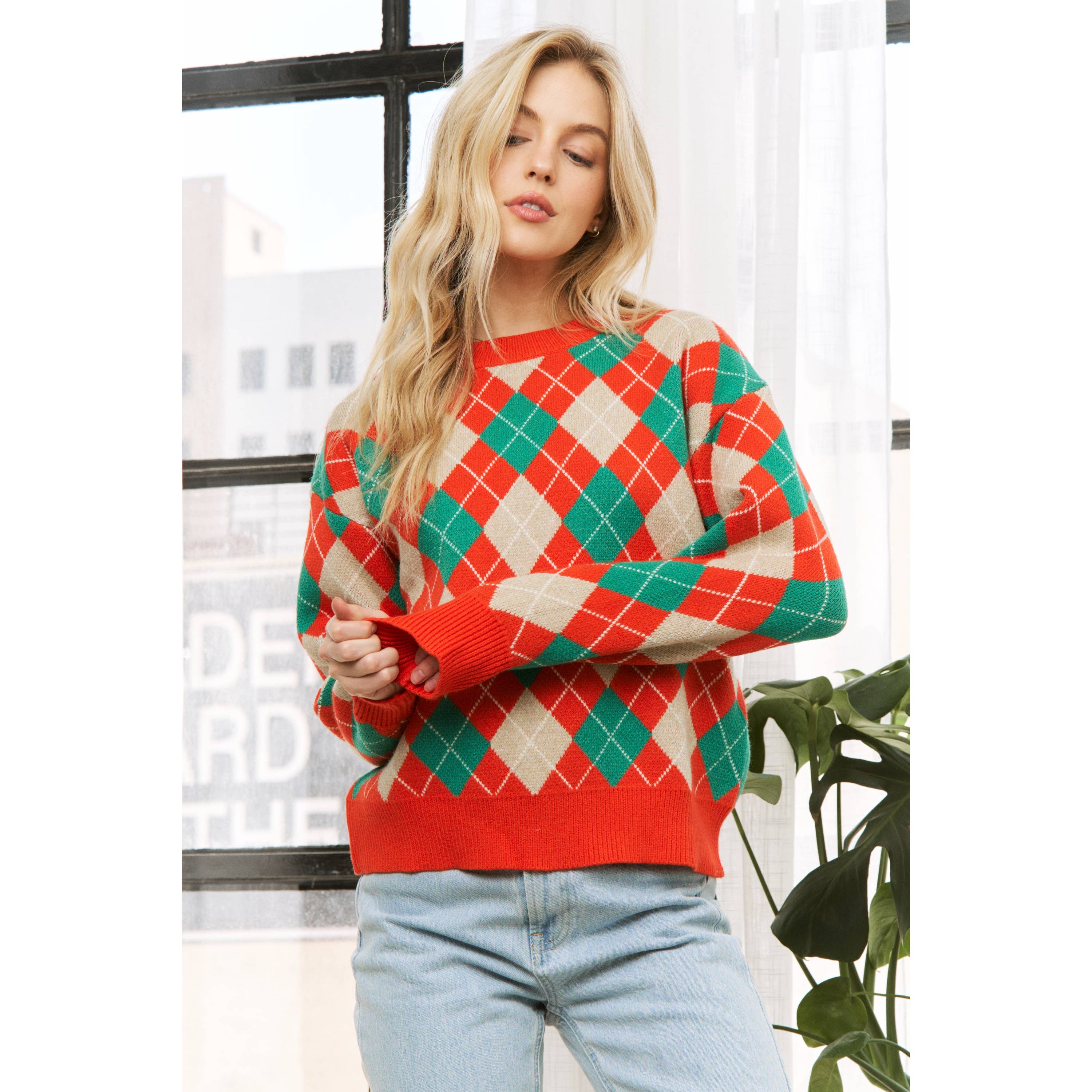 Sweet Generis - Wholesale Knit Sweater - Women's - HOLIDAY ARGYLE PATTERN DROP SHOULDER PULLOVER SWEATER4