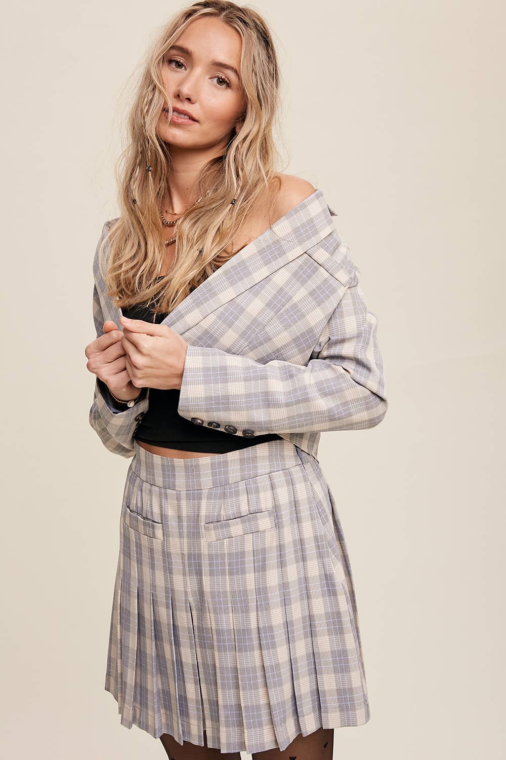 Listicle - Wholesale Top & Short Set (NOT Loungewear) - Women's - Plaid Cropped Blazer & Pleated Skort Set LSET1254