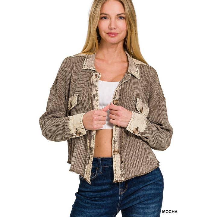 ACID WASH OVERSIZED COTTON WAFFLE CROPPED SHACKET for wholesale by Apolline