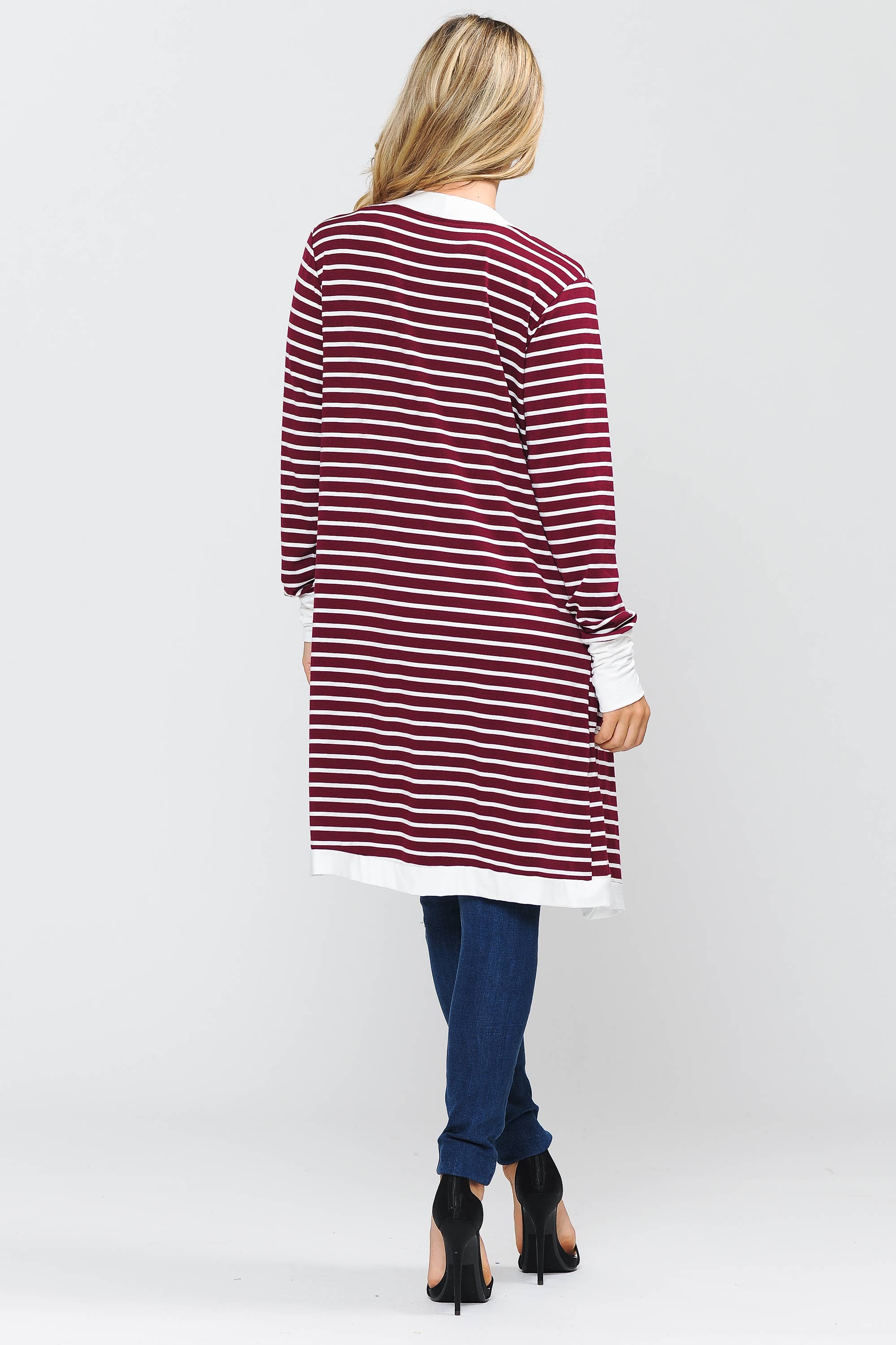 Burgundy Apparel - Wholesale Cardigan - Women's - Stripe Midi Open Cardigan2