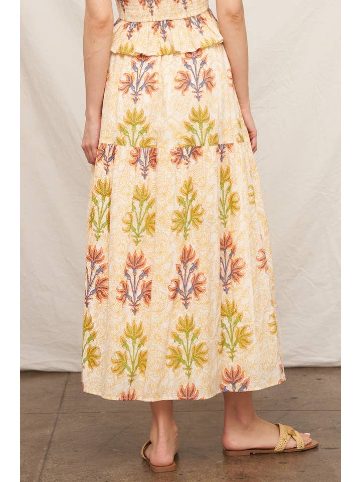 Ivory Yellow Printed Tiered Maxi Skirt for wholesale on Faire