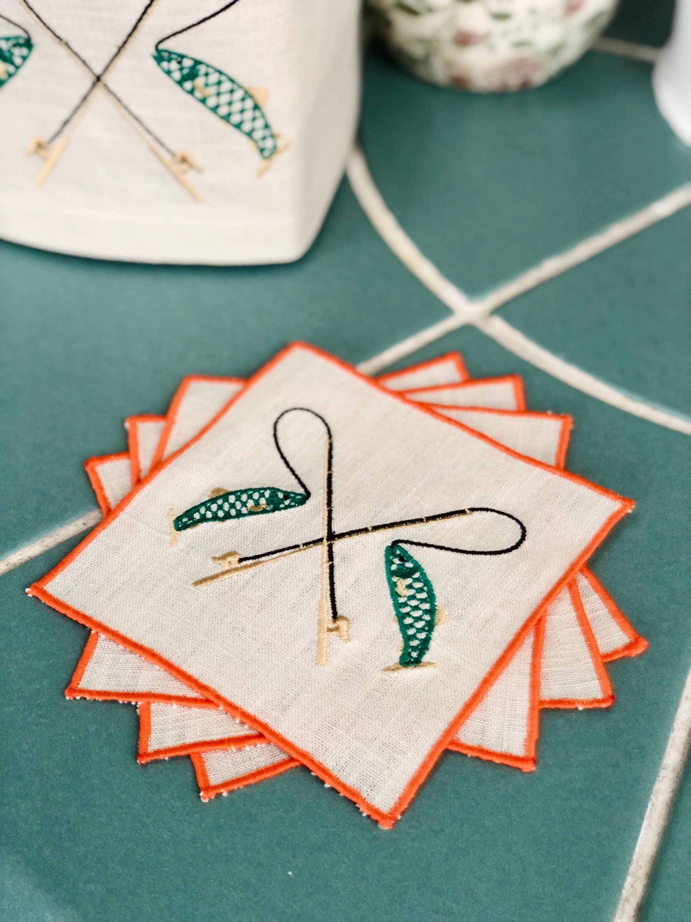 Belle Linen - Vendita all'ingrosso Tovaglioli da tavola in stoffa - Set di 4 o 6 tovaglioli cocktail in lino ricamati con tema pesca6