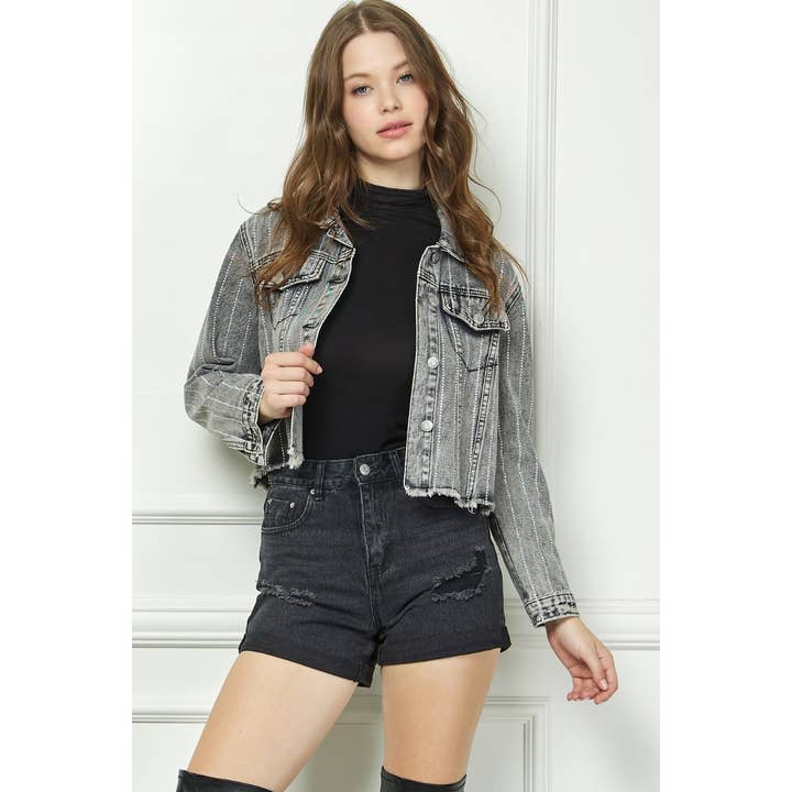 Gestreept spijkerjack met strass en distressed color voor wholesale door Veveret