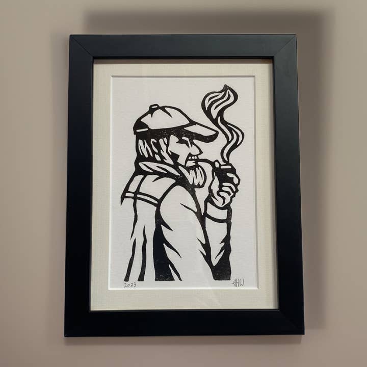 Linogravure signée encadrée par Salty Sailor Smoking a Pipe pour la vente par Art of Stephen Wells