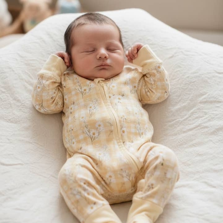 Gul Daisy Bambus Lynlås Romper for engroshandel hos Tiny toes Baby Co