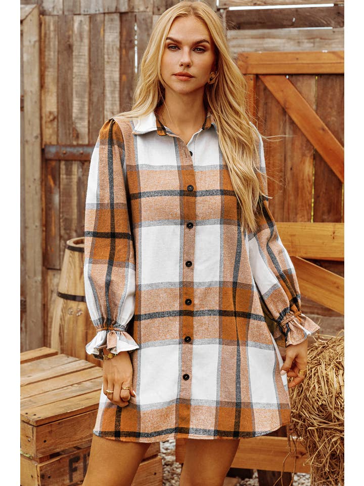 AS SHOWN Fashion-W Plaid Collared Neck Ruffled Sleeve Shirt Dress for wholesale on Faire