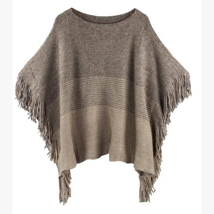 Fennco Styles – wholesale Poncho – Women's – Taupe Knit Two-Tone Batwing Fringe Poncho Sweater 1