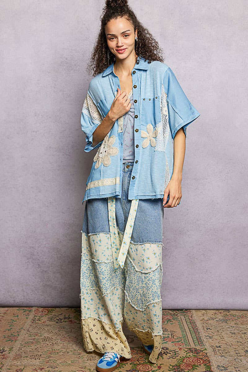 Pol Clothing - Wholesale Button Down Shirt - Women's - Collared Studded Button-down Short Sleeve Knit Shirt Top22