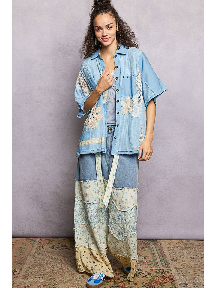 Pol Clothing - Wholesale Button Down Shirt - Women's - Collared Studded Button-down Short Sleeve Knit Shirt Top22