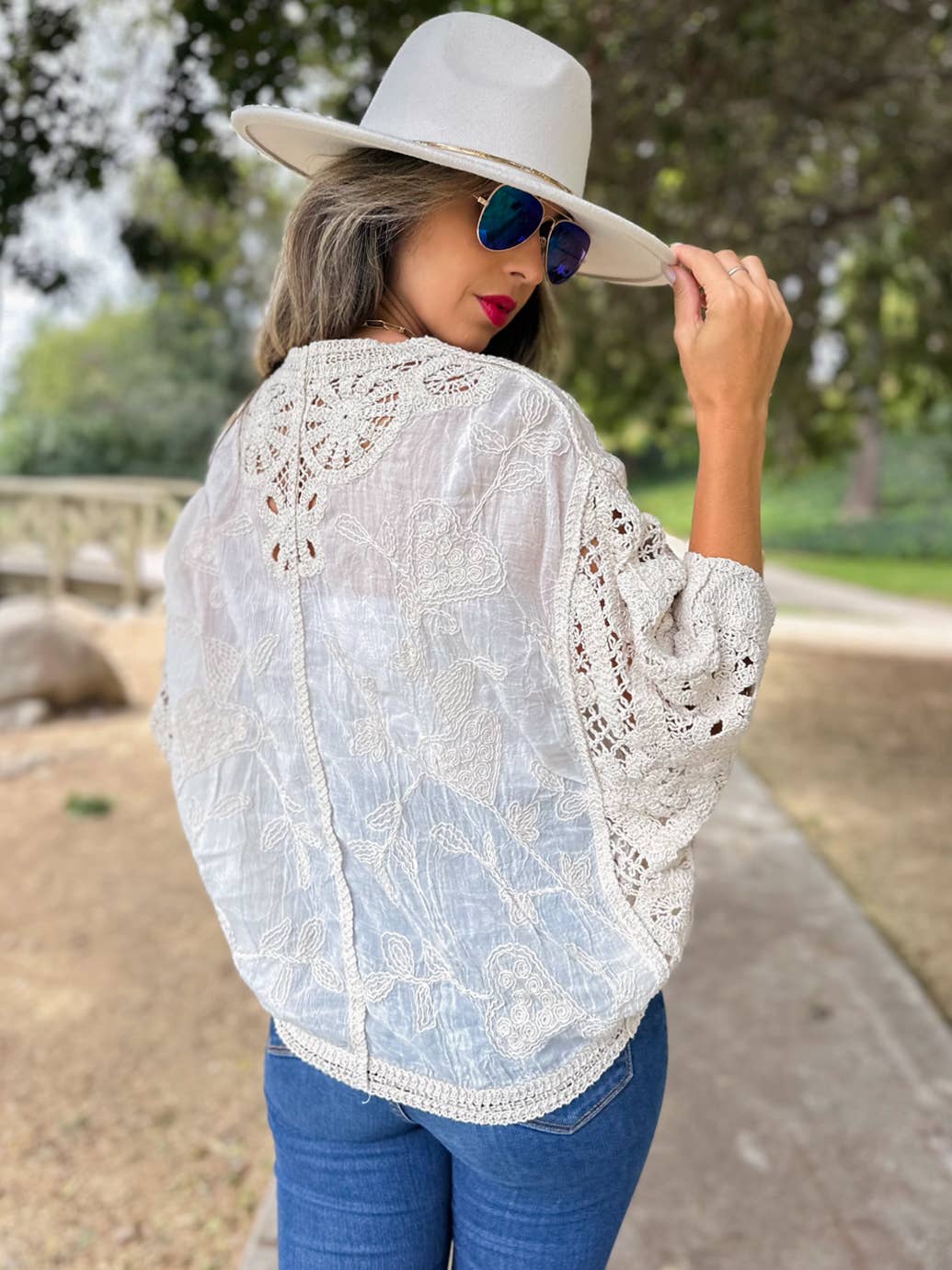 Ivory Boho Lace Detail Dolman Sleeve Button-Down Cardigan for wholesale on Faire7