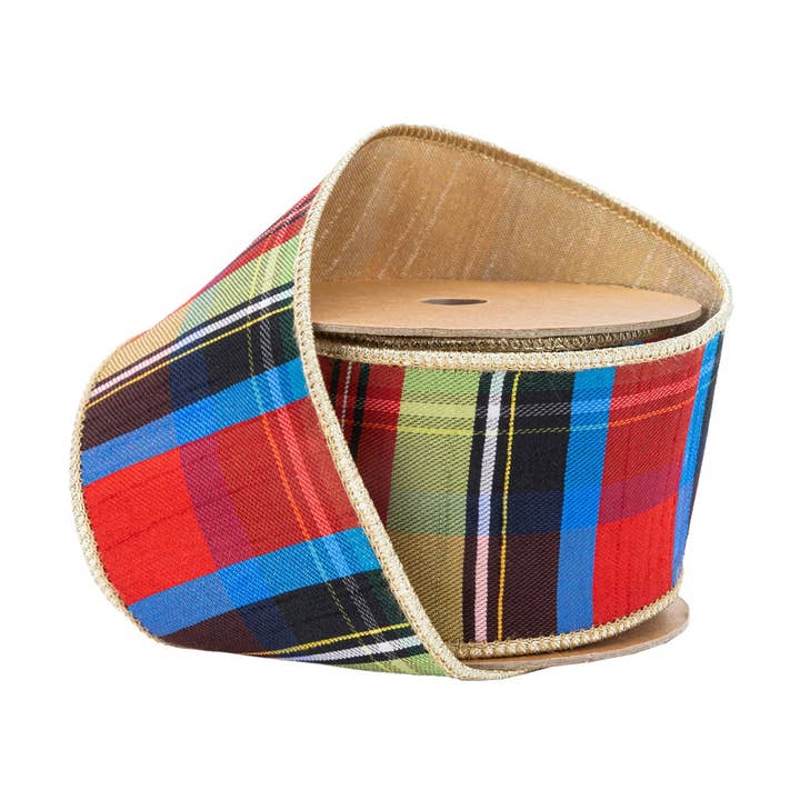 LA Ribbons Wholesale - Wholesale Ribbon - Gift Wrapping - Wired Plaid Ribbon with Gold Dupioni Backing, 10 Yard Roll0