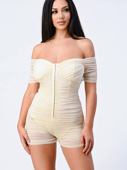 PRIVY - Wholesale Romper - Women's - SEXY SHEER RUCHED OFF SHOULDER CORSET ROMPER3
