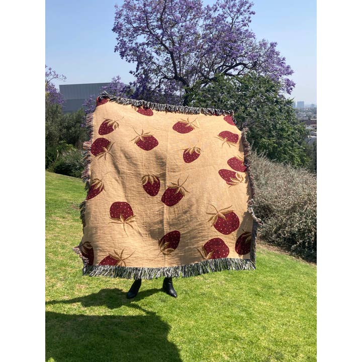 Cailee Corbett - Wholesale Throw Blanket - Yellow Strawberry Woven Throw, Strawberry Picnic Blanket
