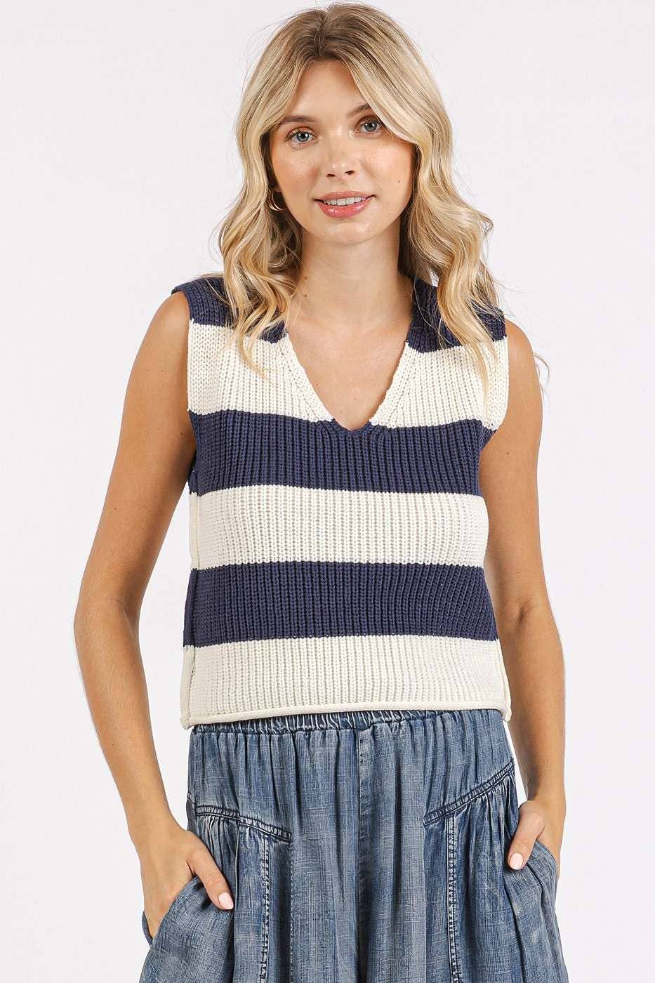 mittoshop - Wholesale Sweater Vest - Women's - STRIPED V-NECK CROPPED SWEATER VEST TOP33
