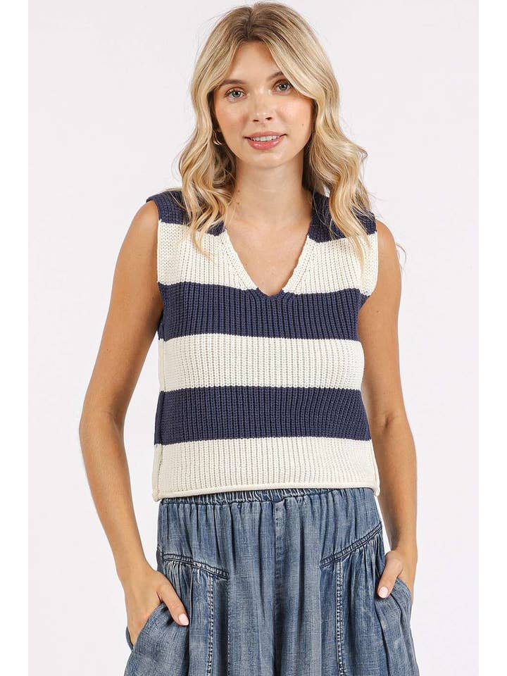 mittoshop - Wholesale Sweater Vest - Women's - STRIPED V-NECK CROPPED SWEATER VEST TOP33