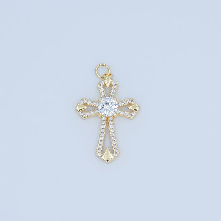 24K Gold Filled Open Clear CZ Micro Paved Passion Cross Charm | N118 for wholesale by Aim Eternal