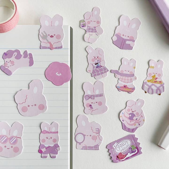 Pink Bunny Sticker Set: Kawaii Scrapbooking Stickers (15pcs) for wholesale by Ouri Studio