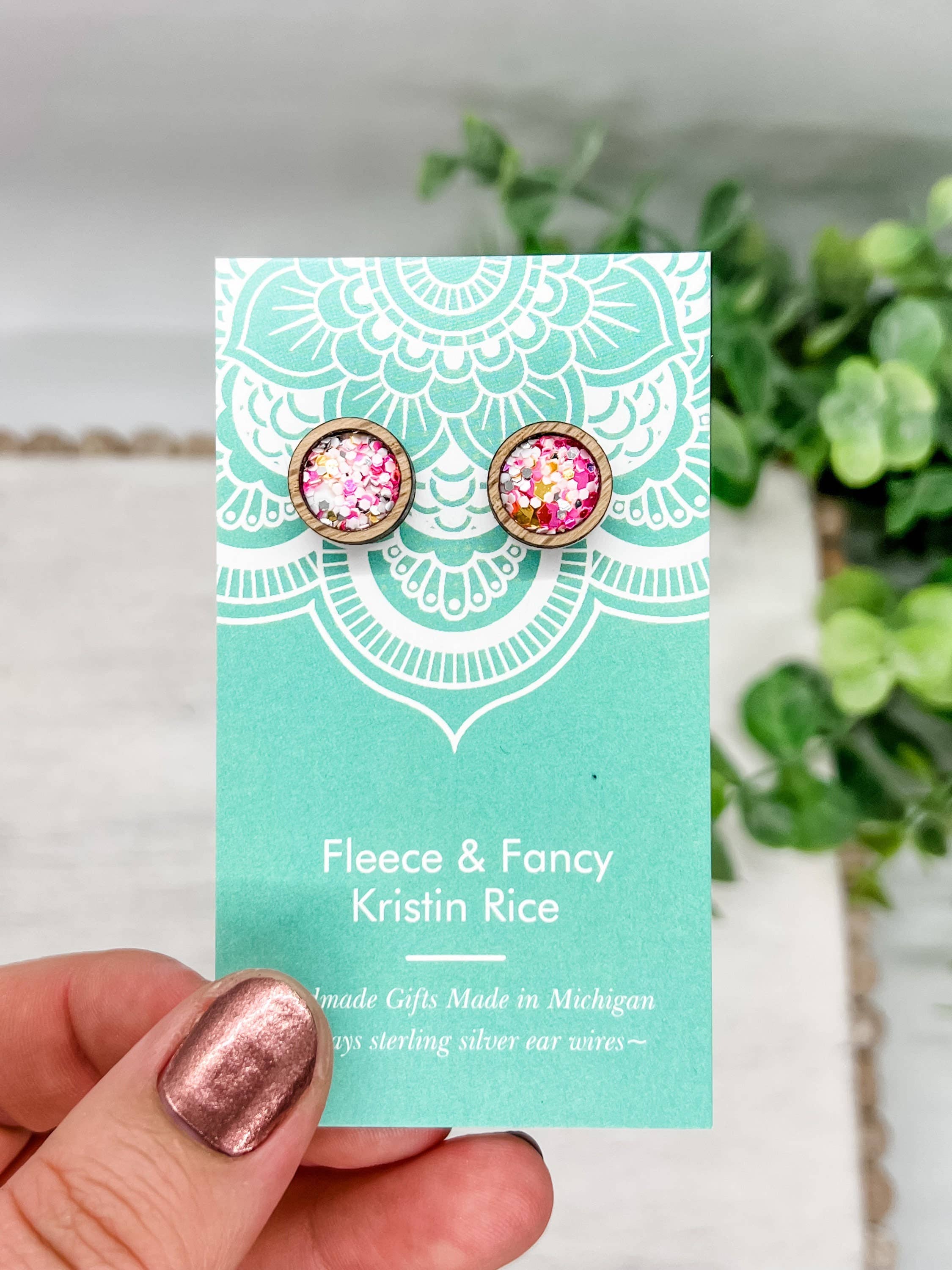 Fleece & Fancy - Wholesale Stud/Post Earrings - Laser Cut Cotton Candy Pink Glitter Stud Earrings3