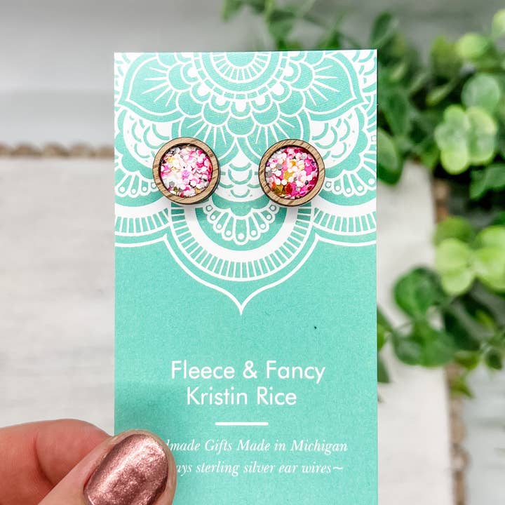 Fleece & Fancy - Wholesale Stud/Post Earrings - Laser Cut Cotton Candy Pink Glitter Stud Earrings3