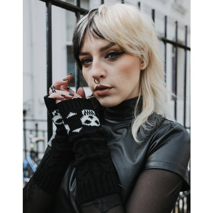 Nero/Bianco Guanti senza dita in maglia con teschio e ossa incrociate in vendita all'ingrosso su Faire3