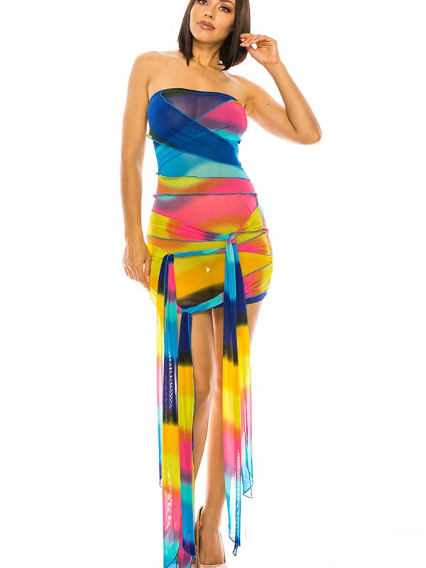D3347-COLORFUL WRAPPED MESH TUBE DRESS for wholesale by A3 Design USA