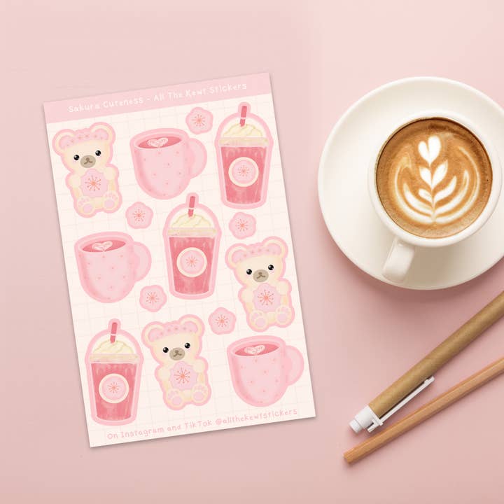 Simpatici adesivi orso, Sakura Latte, foglio adesivo Kawaii opaco per la vendita all'ingrosso da parte di All The Kewt Stickers