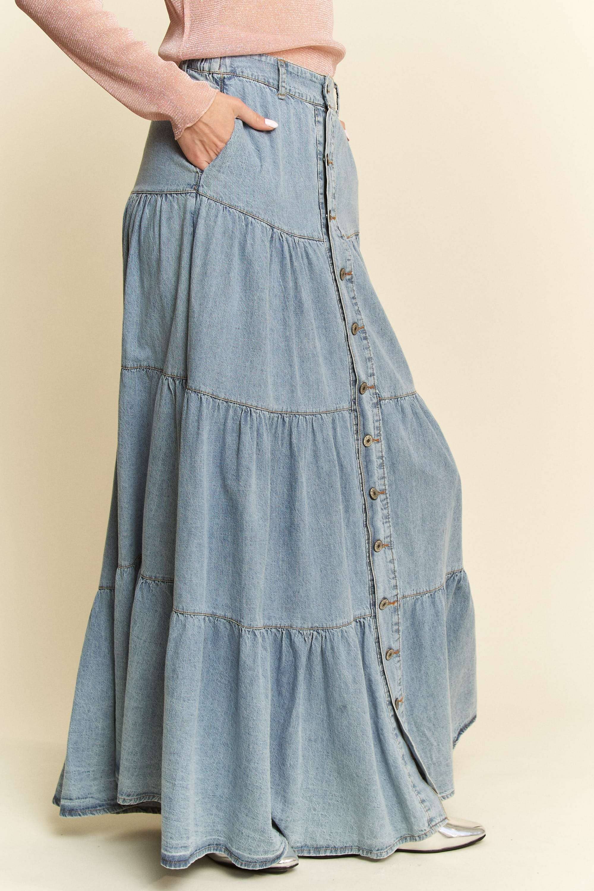 DENIM BUTTON FRONT RUFFLE HEM DENIM MAXI SKIRT for wholesale on Faire3