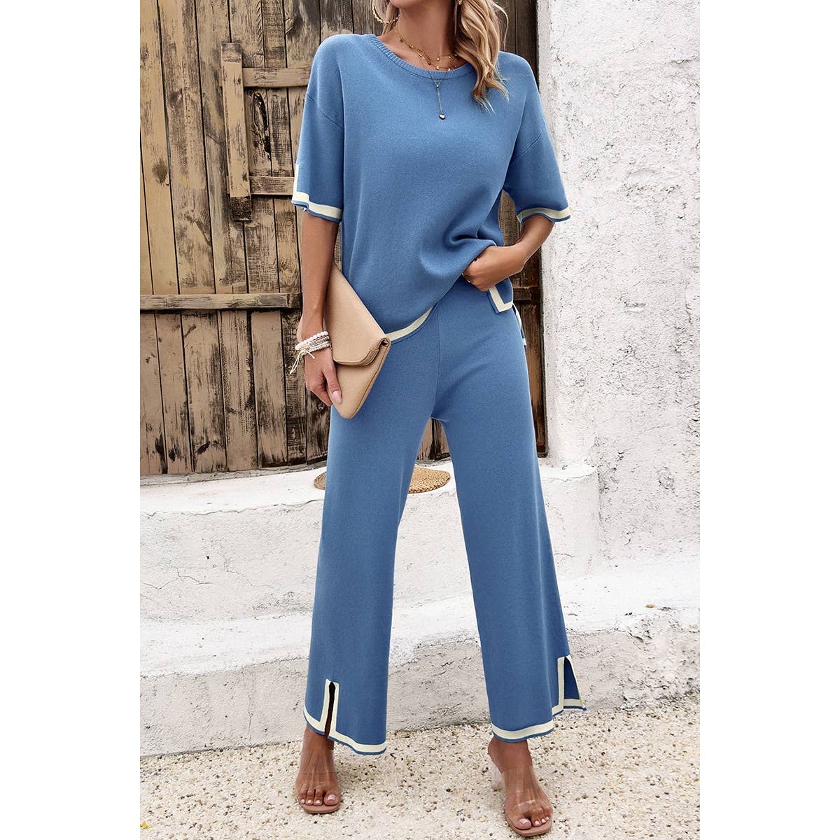 Supreme Fashion - Wholesale Top & Pant Set (NOT Loungewear) - Women's - Two Pieces Outfits Knit Short Sleeve Wide Leg Lounge Sets20
