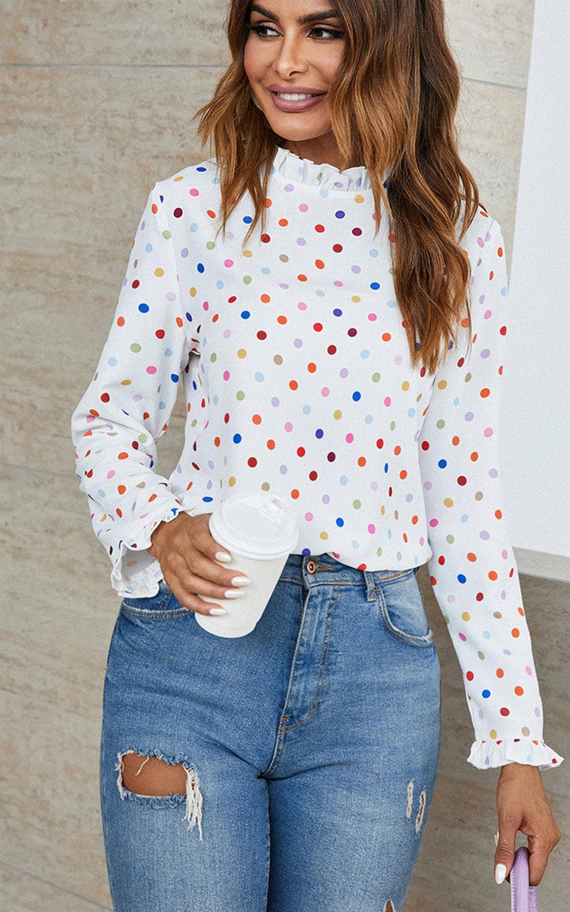 Polka Dot Print Frill Detail High Neck Top In White for wholesale on Faire5