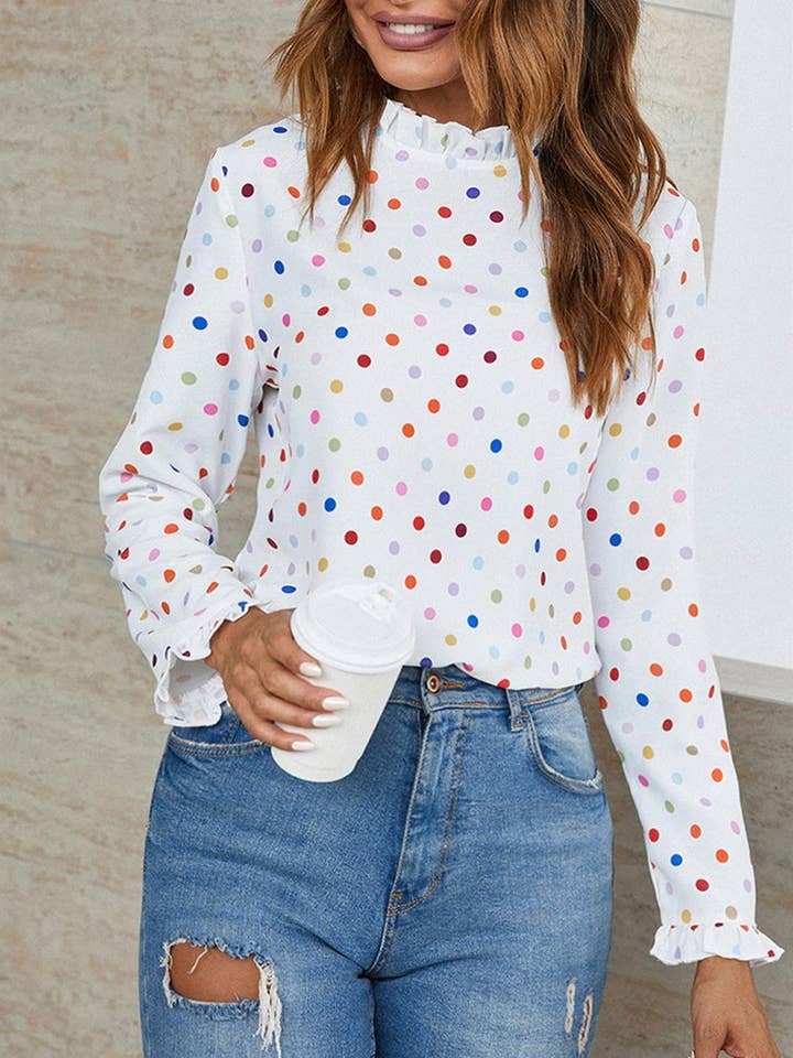 Polka Dot Print Frill Detail High Neck Top In White for wholesale on Faire5