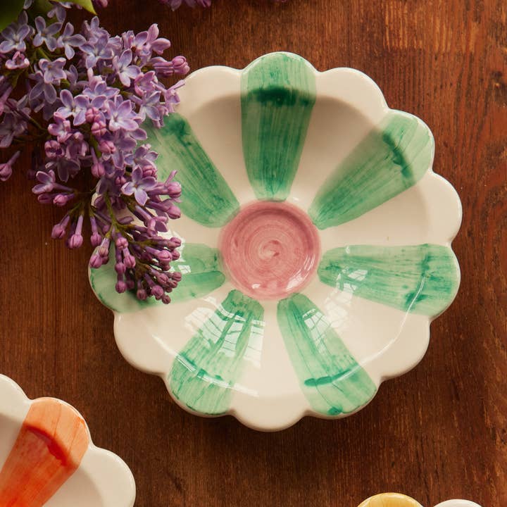 RicebyRice - Vente Bols à condiments/sauces - Bol en céramique pour tremper les fleurs avec des rayures peintes à la main en vert doux1