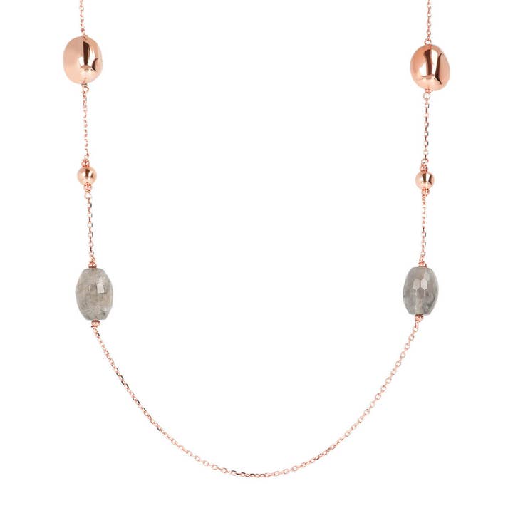 Long Necklace with Golden Rosé Nuggets and Grey Quartz for wholesale by Bronzallure