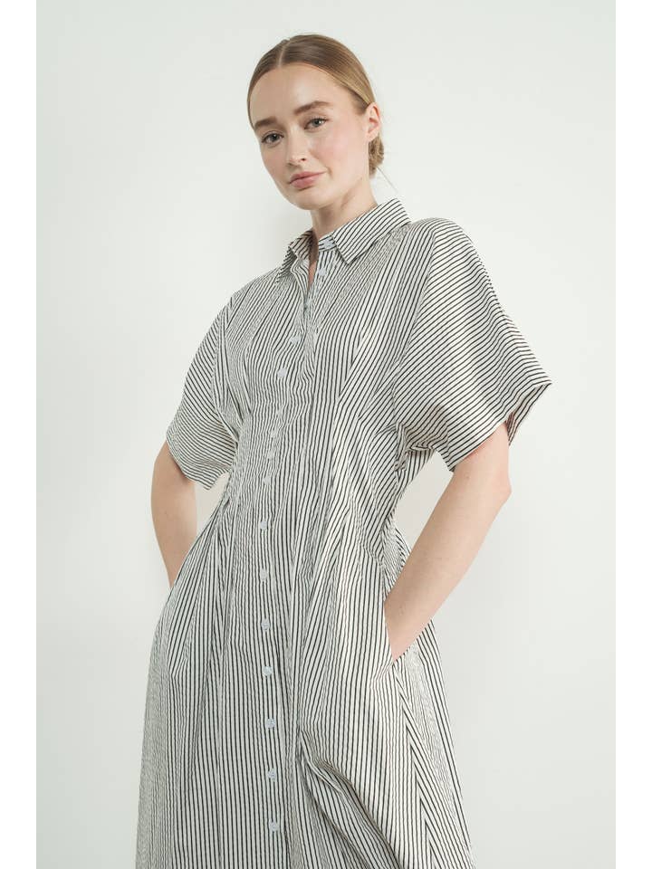 MAD3228 STRIPE BUTTON FRONT PLEATED MIDI SHIRTS DRESS for wholesale on Faire