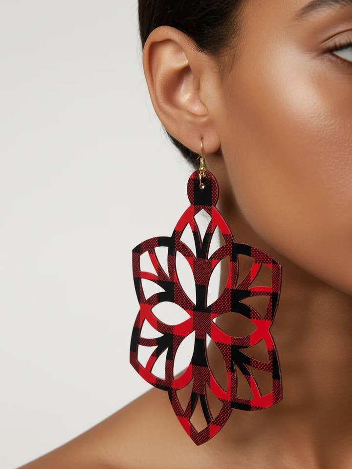 Red Plaid Cutout Statement Earrings: Festive Holiday Jewelry for wholesale by Designed By Risha