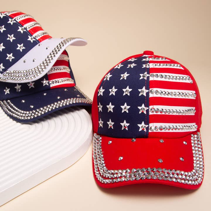 American Flag Hotfix Rhinestone Embellished Baseball Cap for wholesale by SP Sophia Collection