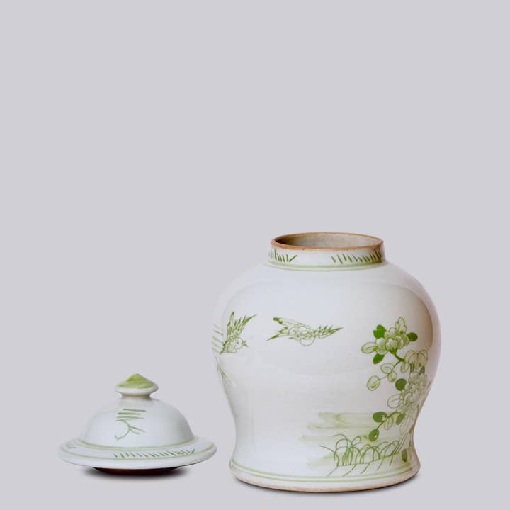 Cobalt Guild - Wholesale Decorative Jar - Medium Green and White Porcelain Bird and Flower Temple Jar