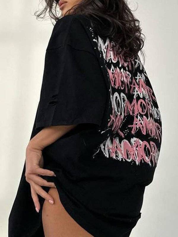 UZ Wholesale Store – Engroshandel Tunika - Dame – Løse korte ærmer Kontrastfarve Hult bogstavtryk T-shirttoppe med rund hals1