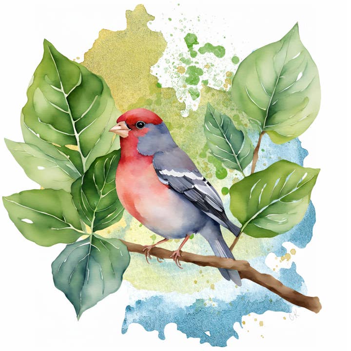 Sage Planta - Vente Affiche d'art - Impression murale florale et animale, Roselin familier et feuilles1