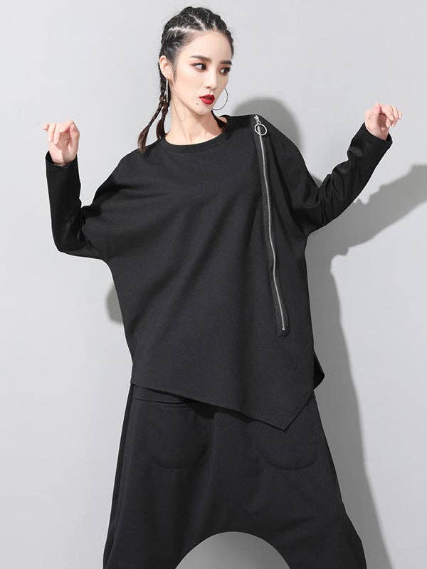 Sheer Trend - Wholesale Tunic - Women's - Black&White Asymmetric Zipper Split-Joint Loose T-Shirt Tops13