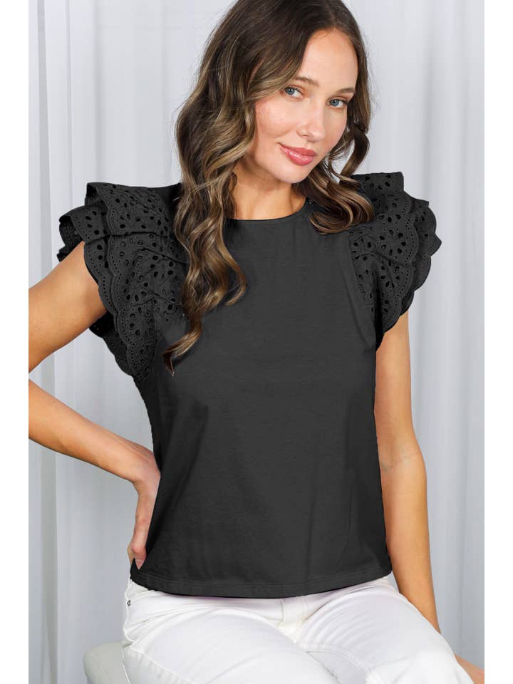 Vine & Love - Wholesale Blouse - Women's - Crew Neck Eyelet Lace Ruffled Sleeve 100%Cotton Top VT82646-