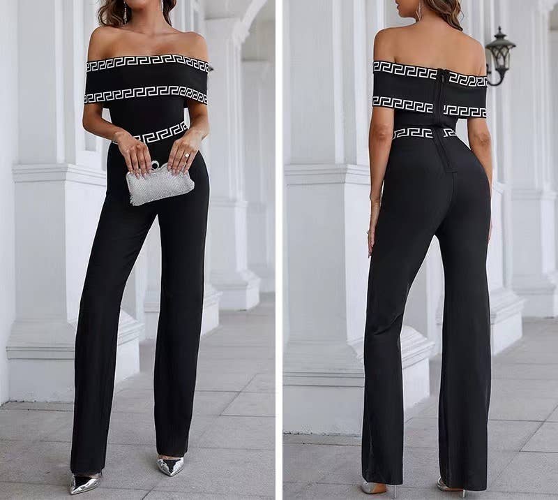 Noir JP014 Combinaison élégante à une épaule à bordure imprimée en vente sur Faire8