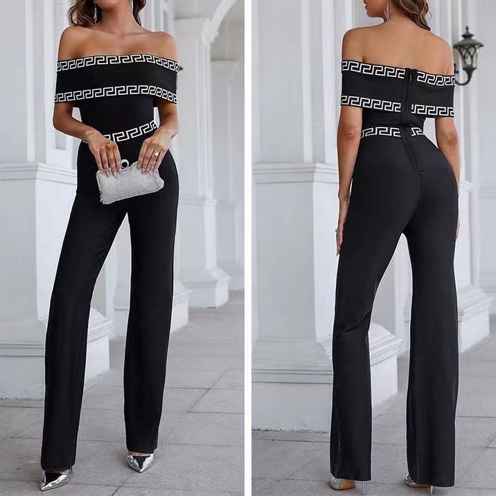 Zwart JP014 Elegante jumpsuit met print en één schouder voor groothandel op Faire8