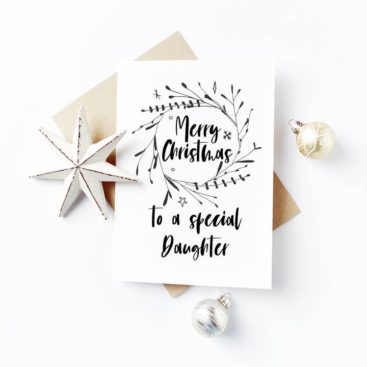 Cartão Filha Feliz Natal - Design de Grinalda Preta por atacado de Flash On A String Designs