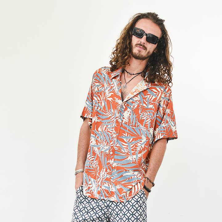 REBAJA | Camisa de Rayón para Hombre | Palm Blue Spice para venta al por mayor de Balizen Direct from Bali