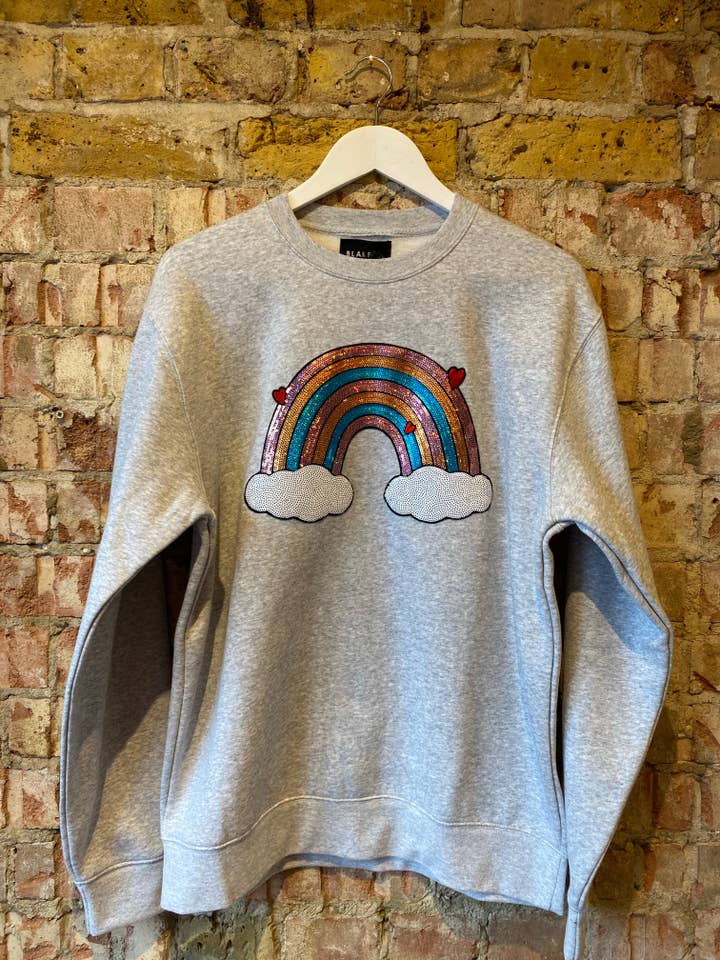 Grey Jersey Unisex Sequin Sweater - Rainbow Cloud Mini Hearts for wholesale by Nettie Knows
