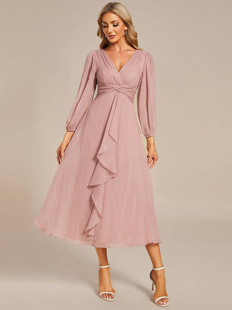 Ever-Pretty - Vente Robe de soirée – femme - Robe scintillante en mousseline pour invitée de mariage à manches longues7