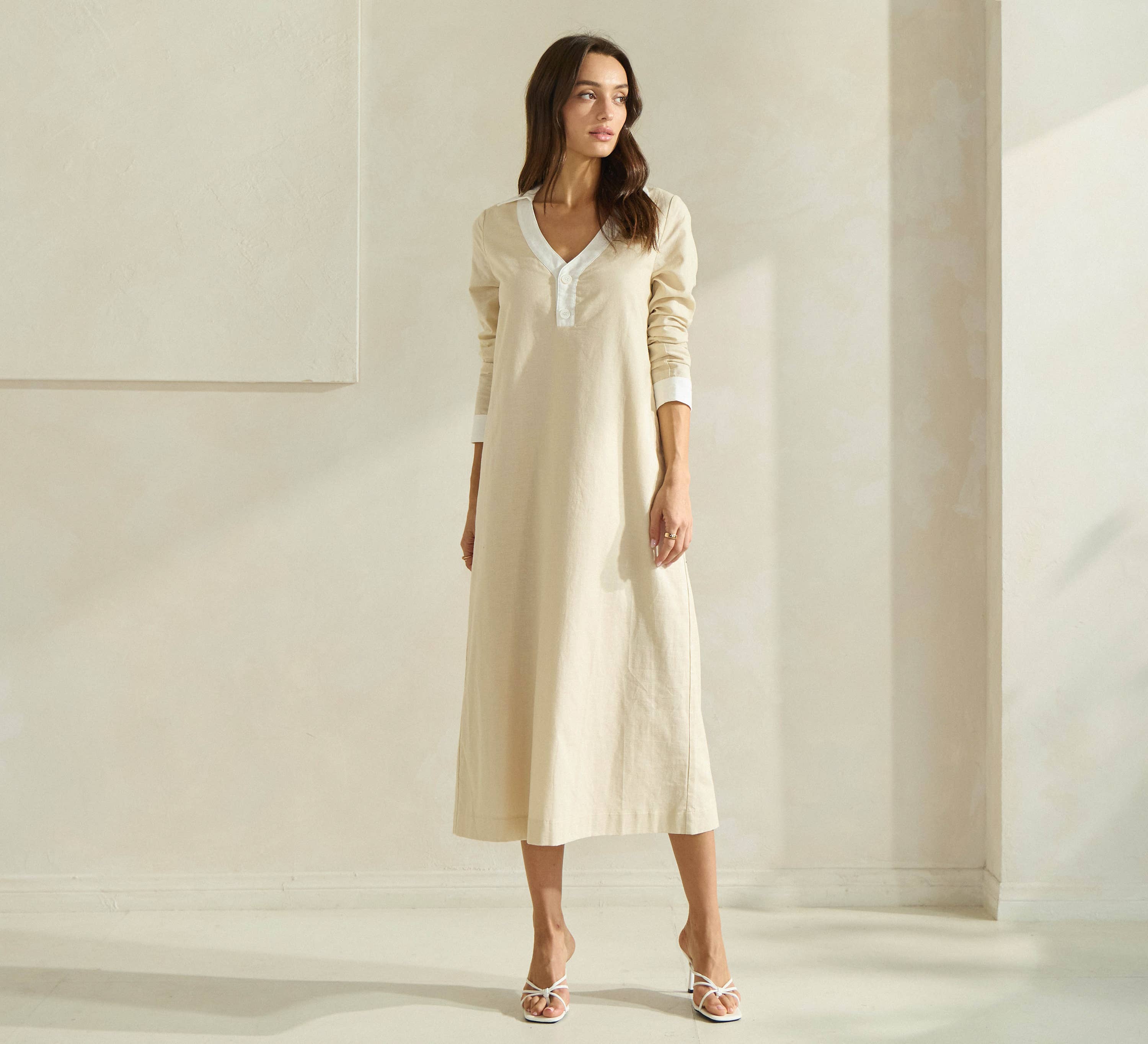 PINK ORANGE Contrast Trim Linen Dress for wholesale on Faire7