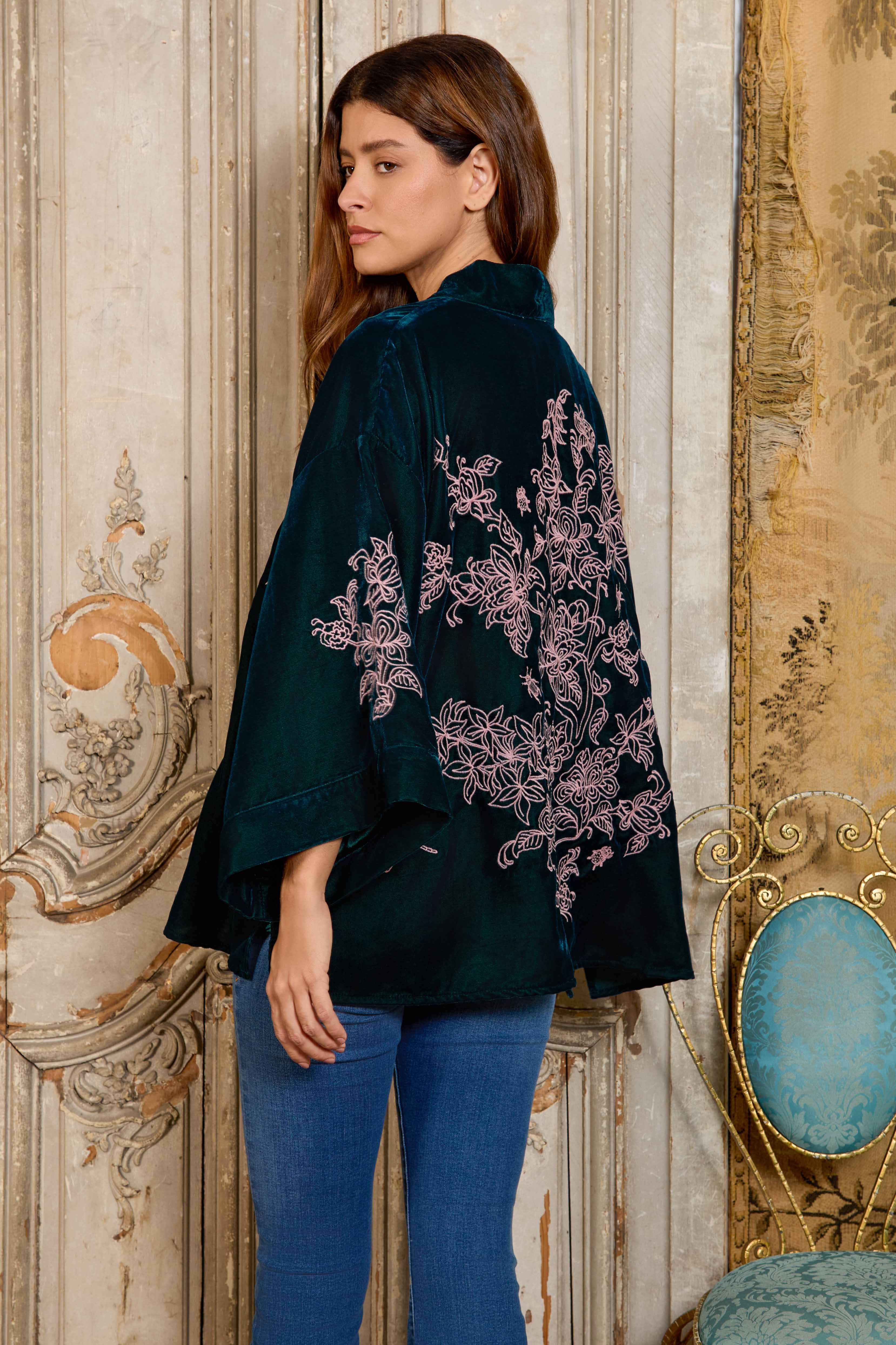 Artemis Muse - Wholesale Kimono - Women's - Wild Flowers & Butterflies Teal & Pink Velvet Embroidered Short Kimono2
