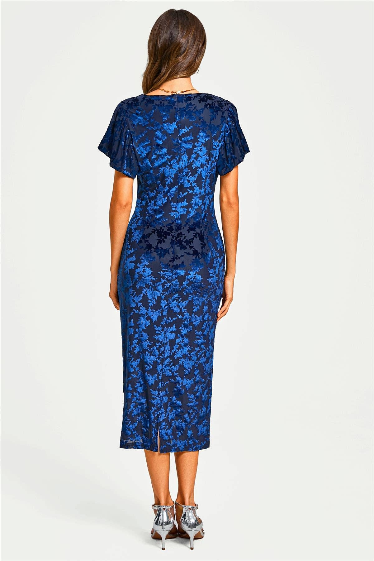 Marina Militare Abito Midi Attillato in Velluto Devore Floreale con Maniche a Sbuffo in Blu Navy in vendita all'ingrosso su Faire4